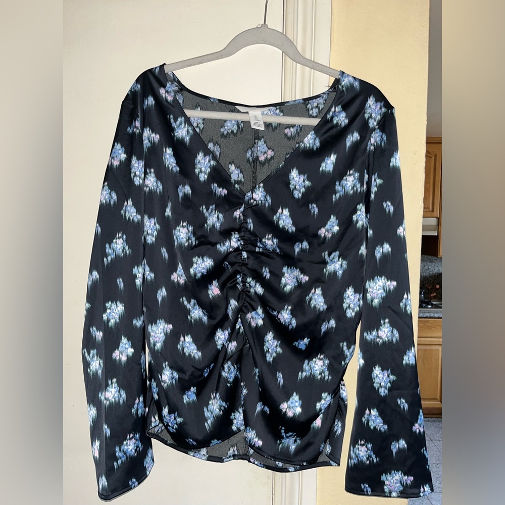 Blue and black floral print blouse